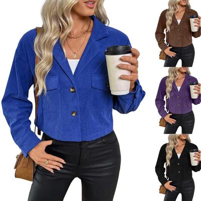 Women's Casual Solid Color Long-sleeved Short Jacket Loose Corduroy Top