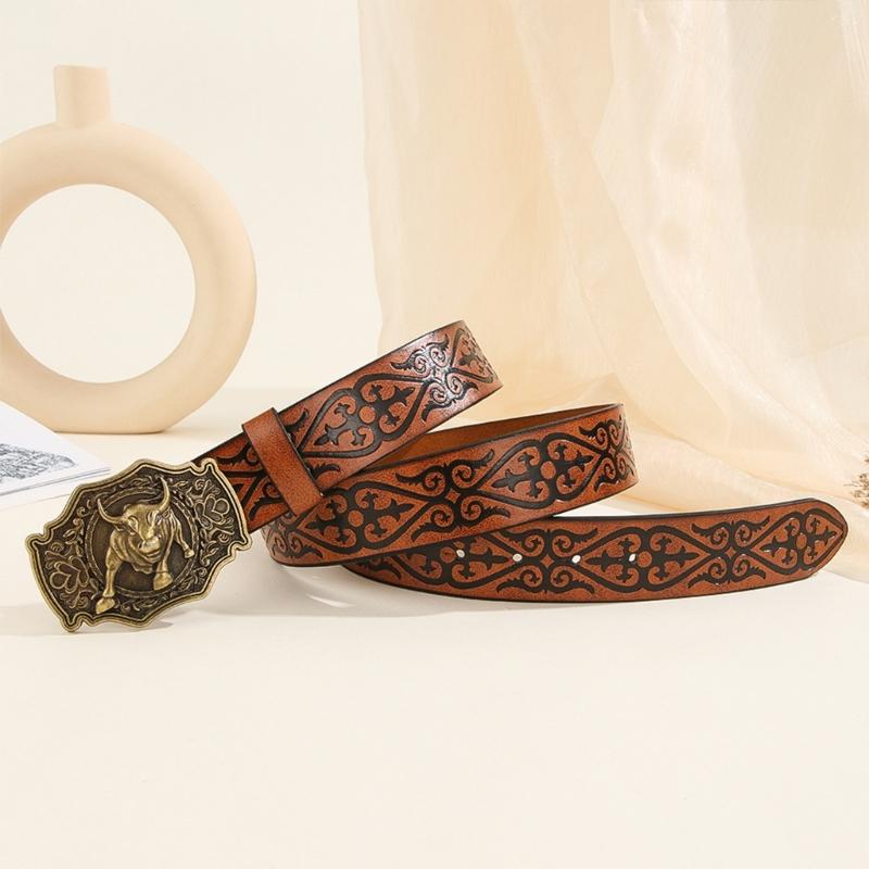 Vintage Men Teens Relief Bull Head Waist Belt PU Embossed Pattern Cowboy Belt