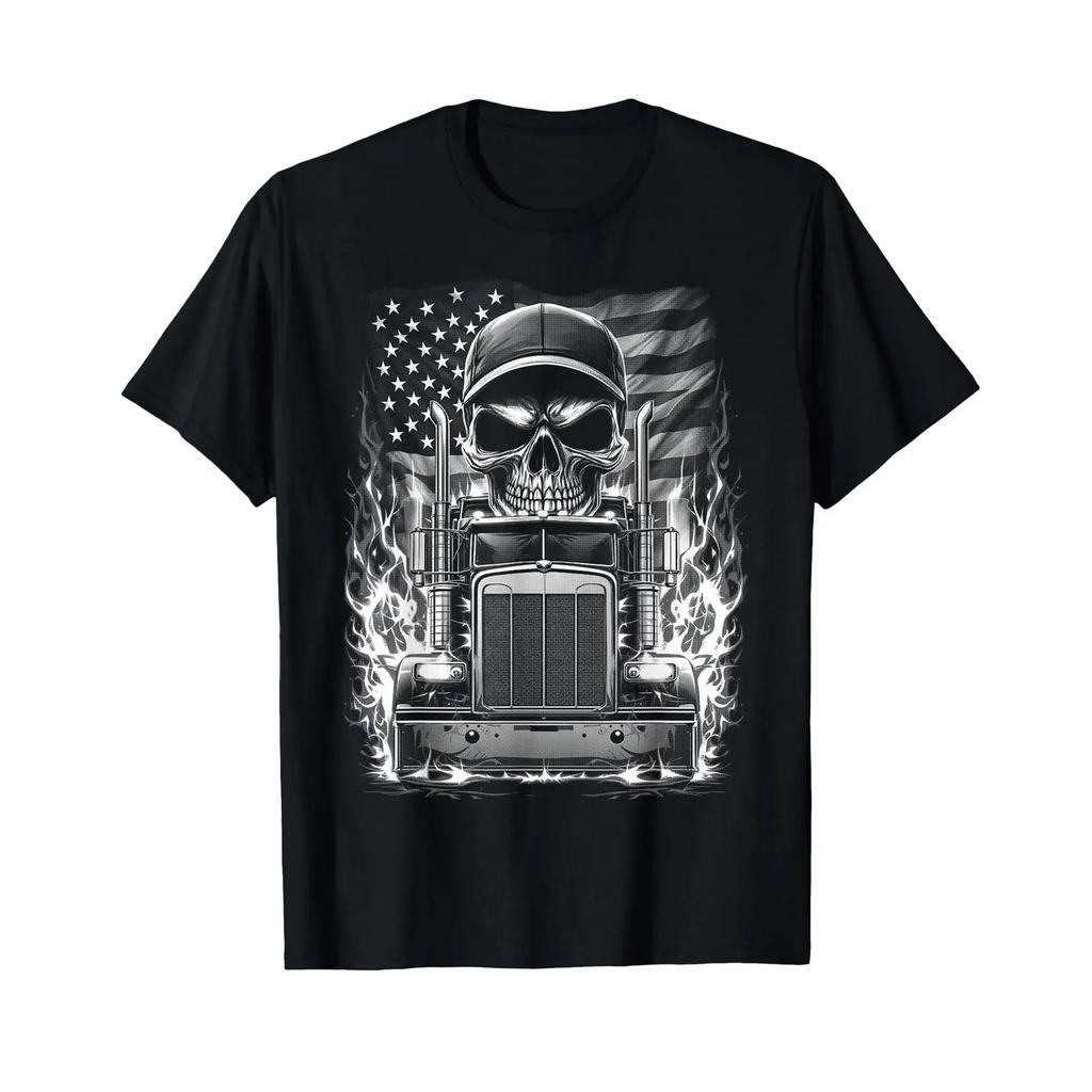 Trucker Patriotic American Flag Semi Truck Driver Skull T Shirt Vintage Homme Fashion Graphic Stylish Unisex Soft Casual
