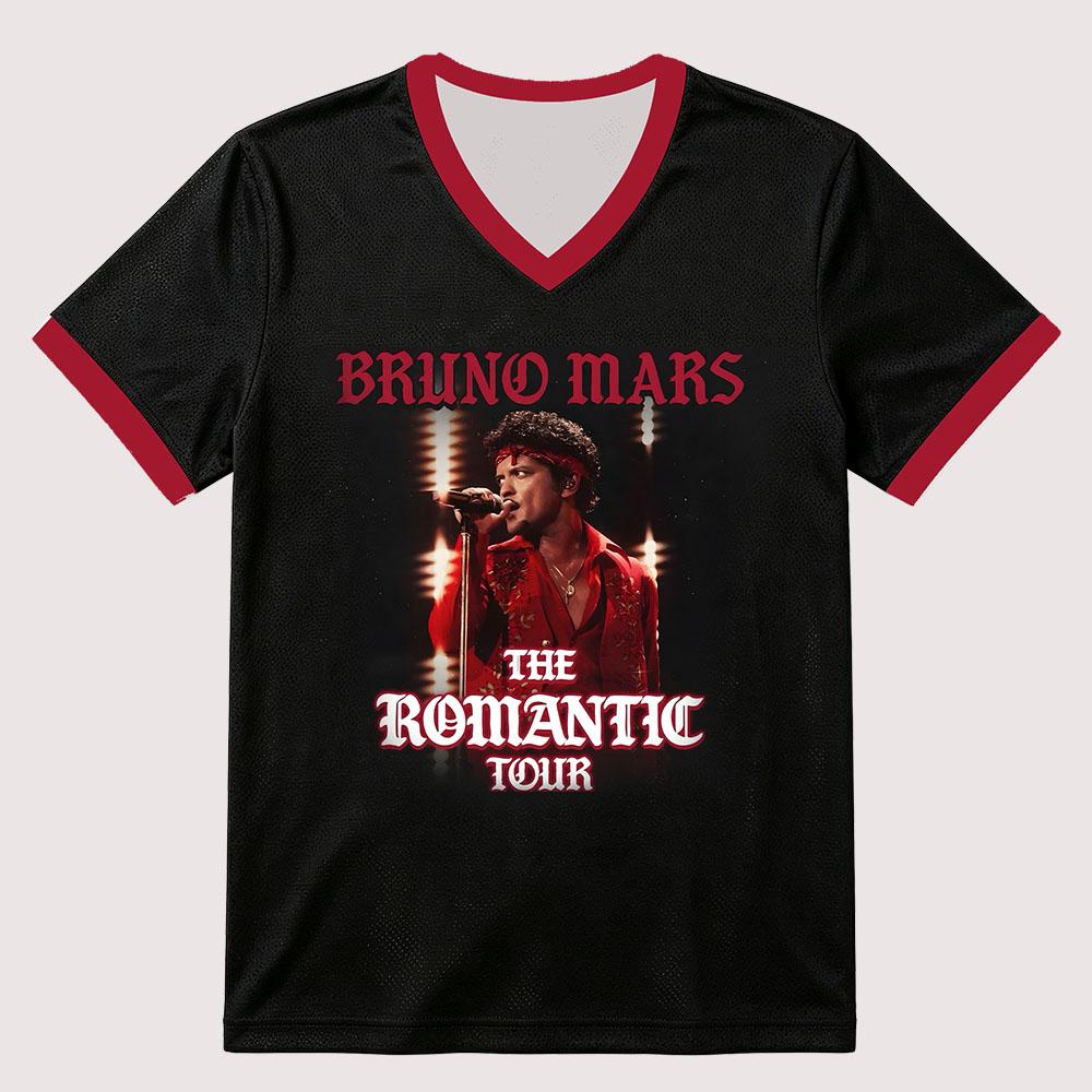 Bruno Mars The Romantic Tour 2027 T-Shirts Sommer V-Ausschnitt Oversized Kurzarm Unisex Mode Atmungsaktives Netzgewebe Lässiges Oberteil