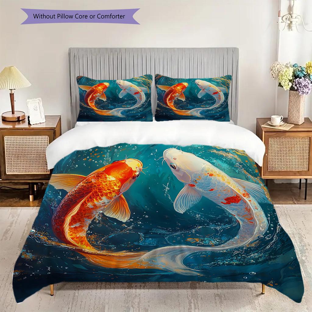 Koi Fish Pattern Bedding Quilt Set Quilt Cover Pillowcase Home Decoration Birthday Gift (1 * duvet cover + 2 * pillowcase, without core)