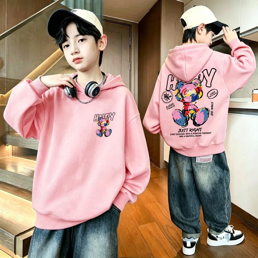 Y2K street fashion children's hooded sweatshirt with retro punk graffiti bear pattern, large-sized toddler warm pullover hoodie