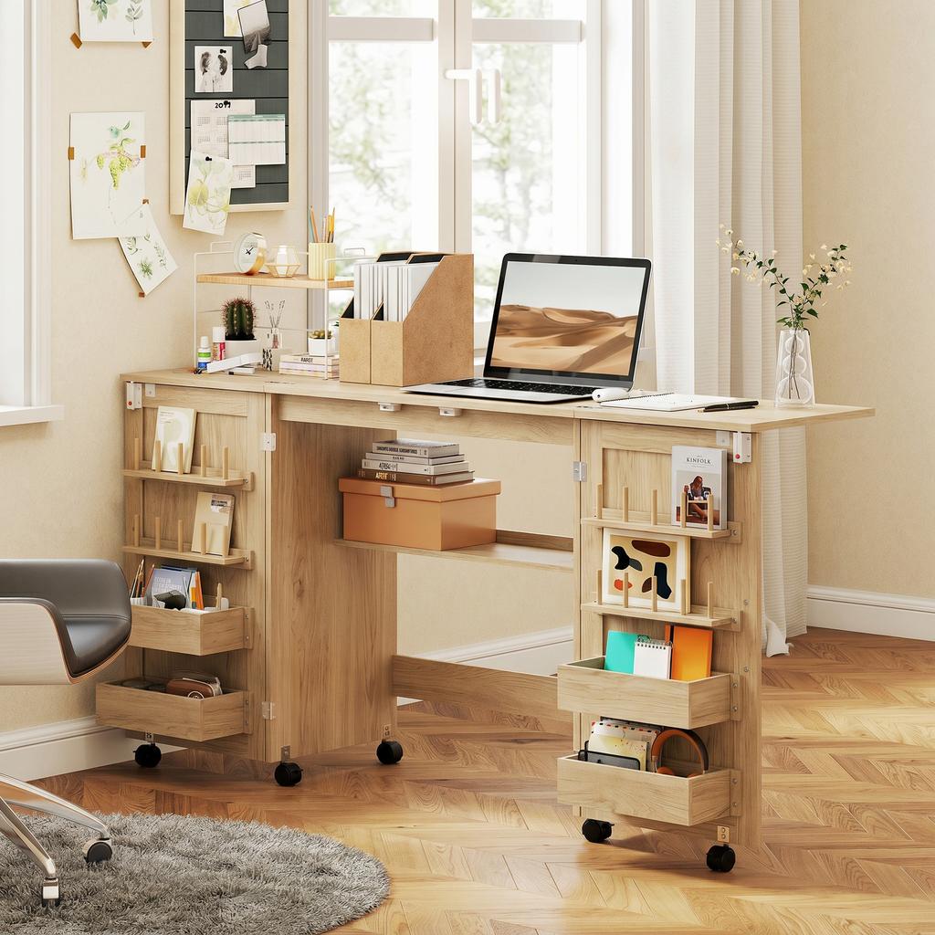 Sewing Table, Folding, Cabinet on Casters, 2 Doors, 4 Trays, 20 Hooks, 160 x 40 x 83 cm, Oak