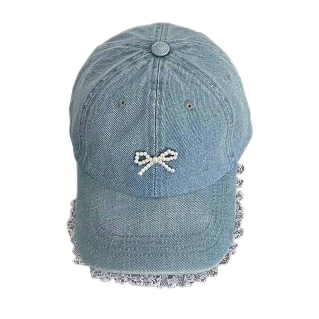 Women Adjustable Fabric Baseball Caps with 3D Pearls Bowknot and Elegant Lace Detailing for Sport Wear Outdoor Activity