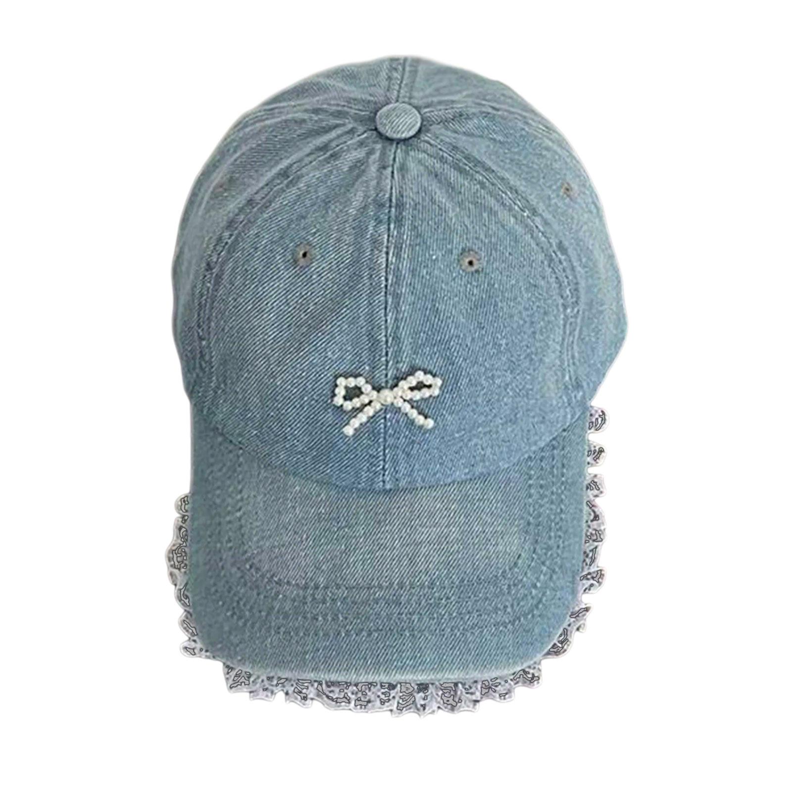 

Women Adjustable Fabric Baseball Caps with 3D Pearls Bowknot and Elegant Lace Detailing for Sport Wear Outdoor Activity светло-синий