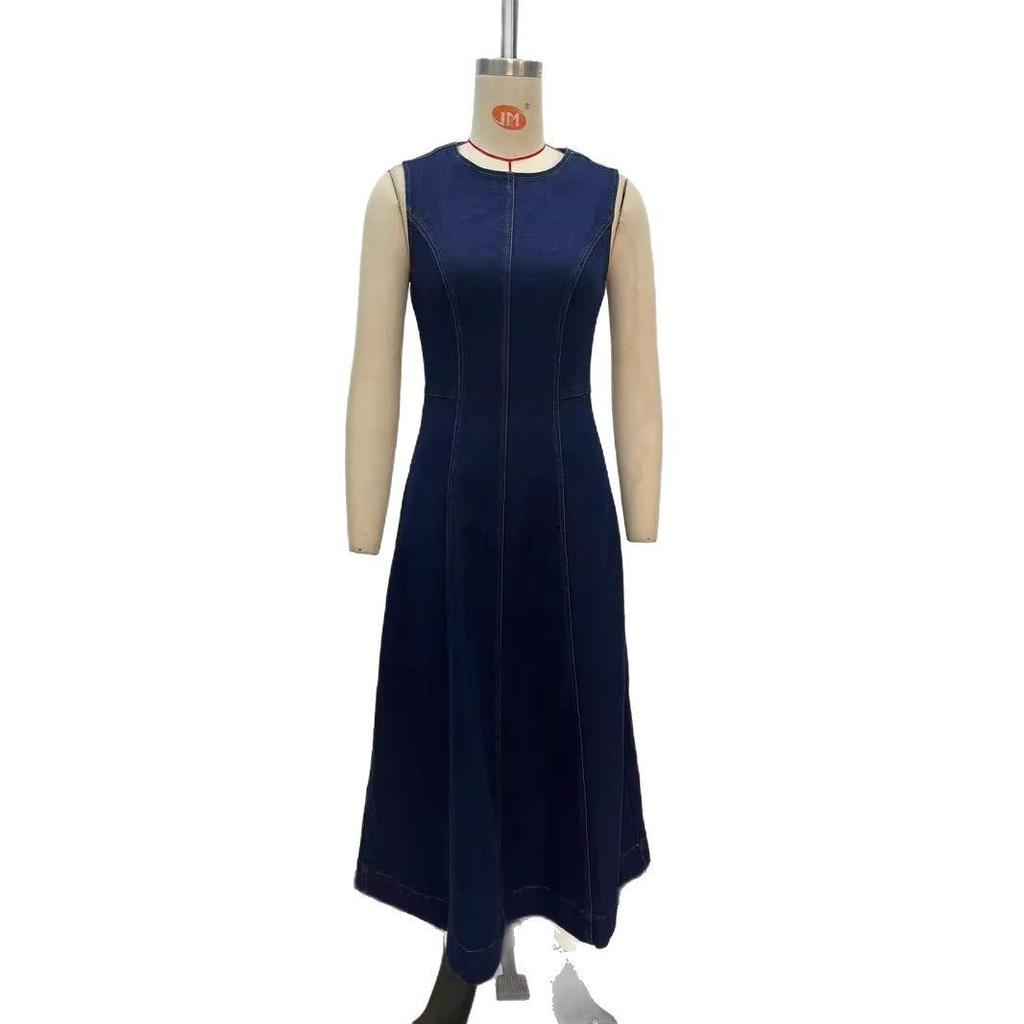 Women's 2025 Spring Sleeveless Denim Midi Dress - Versatile Retro French Style