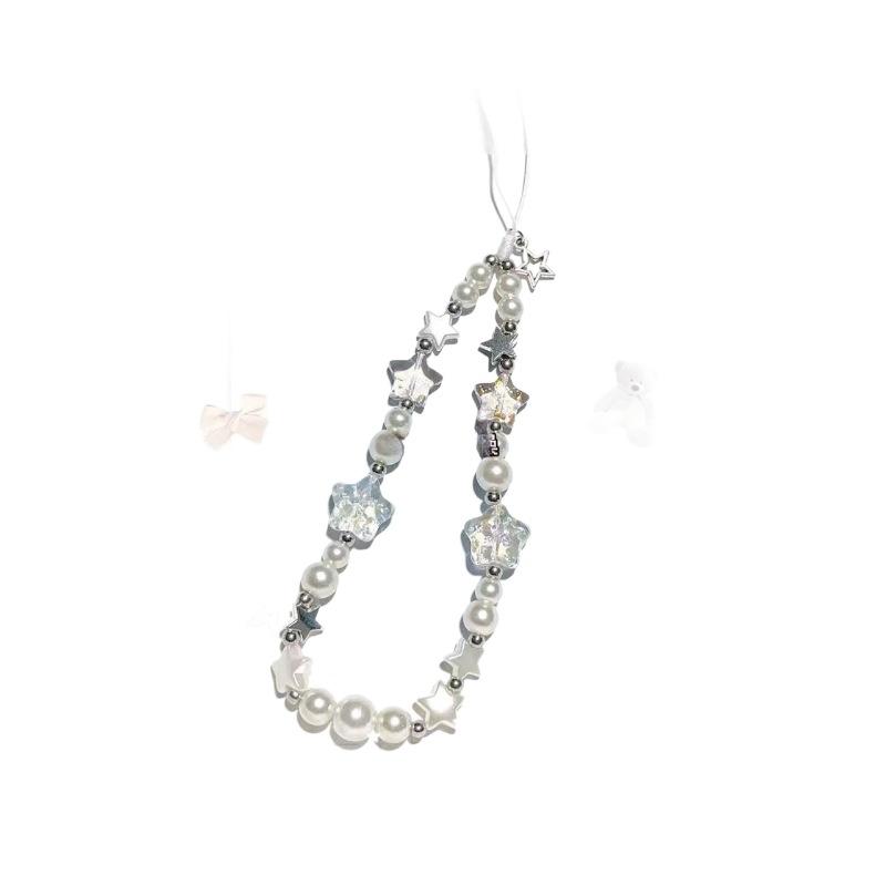 Mobile phone chain with Korean pearl and star pendants, short beaded chain, phone case lanyard, wrist accessory for girls