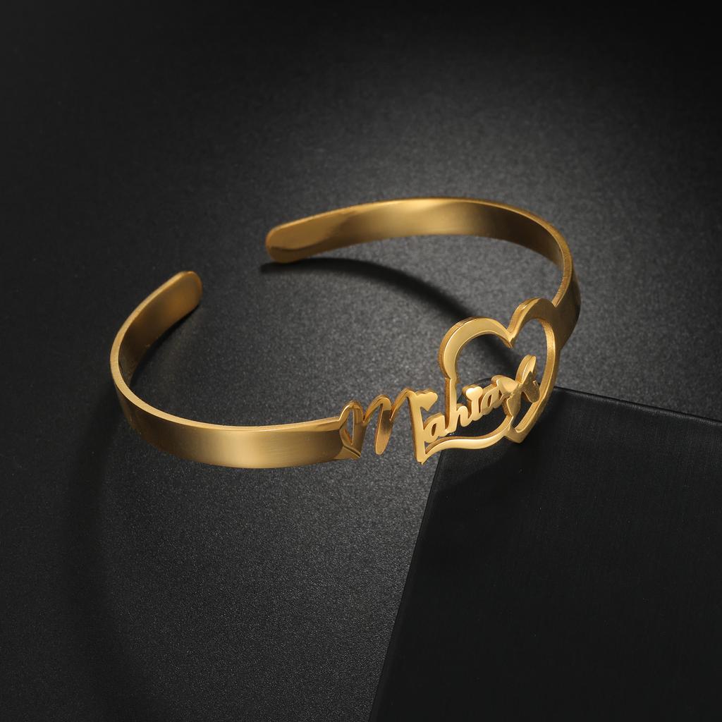 Atoztide Custom Name Bracelet for Women Men Stainless Steel Jewelry Hollow Heart Flower Bangles Personalized Birthday Gift