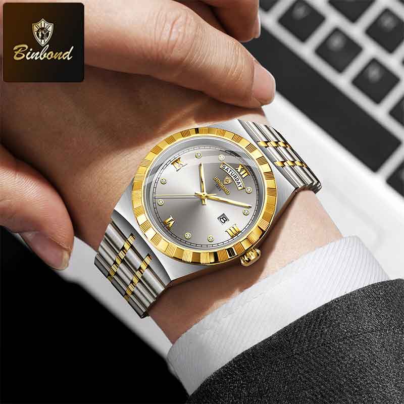 BINBOND New Luxury Wristwatch For Men Fashion Stainless Steel Date Quartz Man Watch Waterproof Luminous Casual Men's Watch