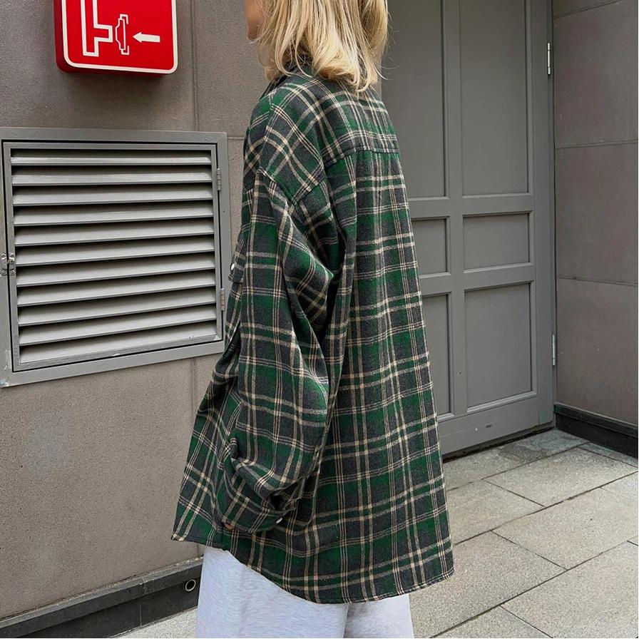 Checkered Shirt Women's Retro Double Pocket Checkered Striped Mid Length Shirt