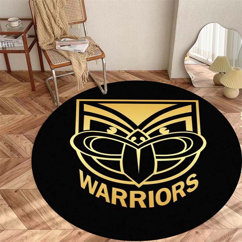 Warriors Golden Emblem Print Round Area Rug Non‑Slip Circular Floor Mat Sport Fan Home Office Chair Decor