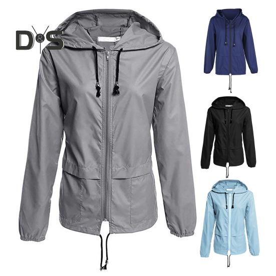 Giacca antipioggia da donna, leggera, comoda, casual, per campeggio, escursionismo, con cappuccio, impermeabile, foderata, antivento, con tasche
