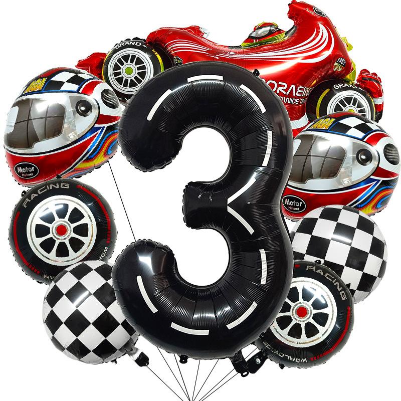 8 Pcs Racing Party Decoration 40inch Black Number Balloon Plaid Balloon Tire Balloon Striped Racing Tire Grid Digital