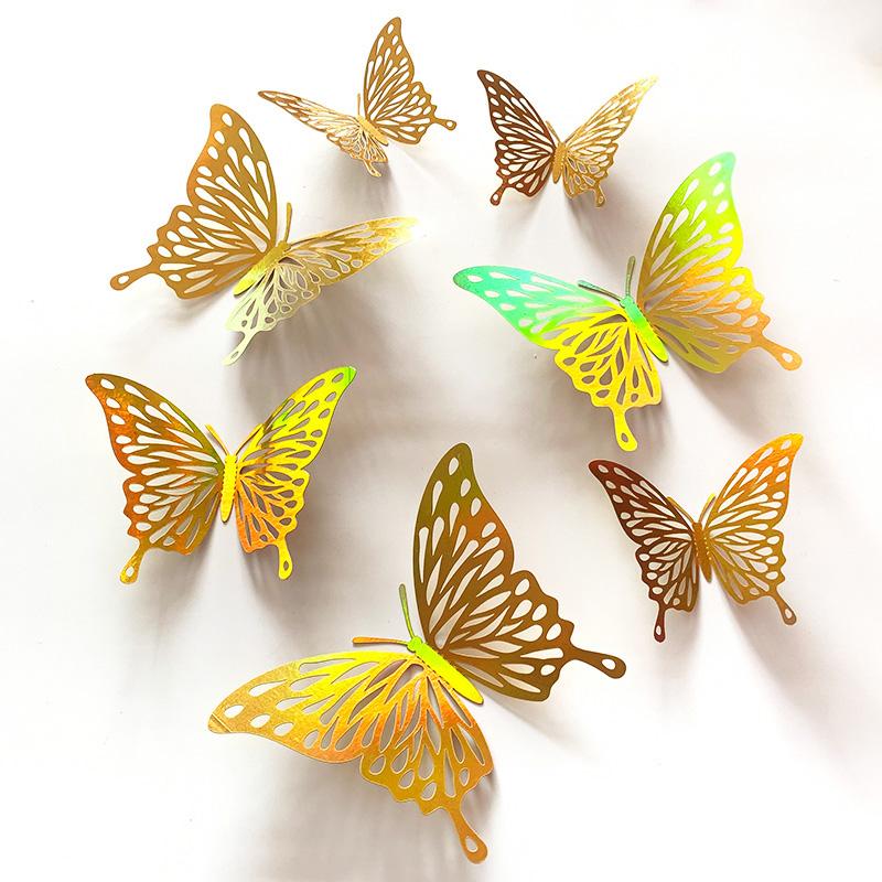 12 Peças Douradas Borboletas Vazadas 3D Adesivos de Parede Para Decoração de Casamento Decalques Sala de Estar Decoração de Casa Borboletas Adesivos de Jardim