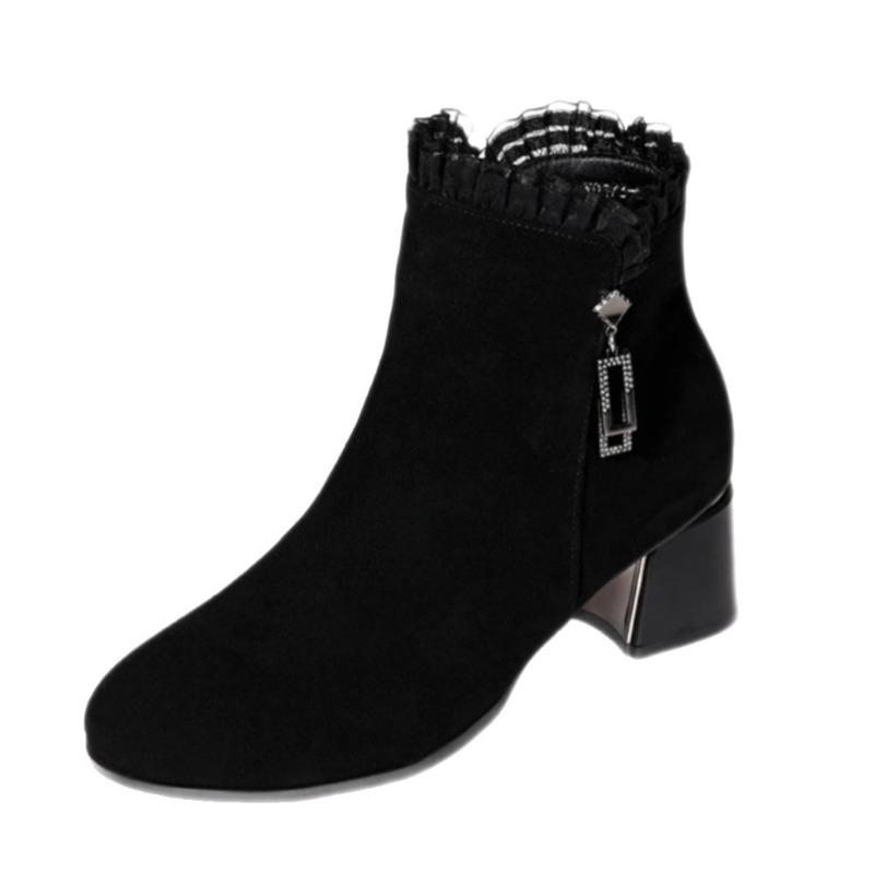 Autumn and winter new versatile round head thick heel comfortable zipper fashion boots soft leather boots women's soft sole women's boots