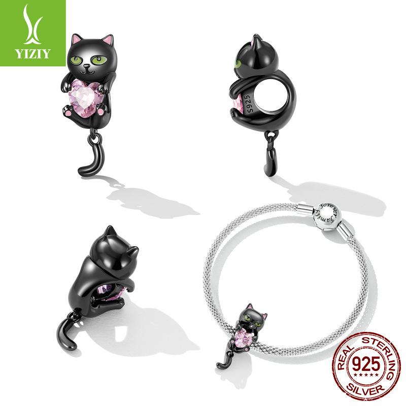 Electroplated Black Gold Animal Cat Diy Bracelet Beaded Accessories Personalized 925 Silver Beads