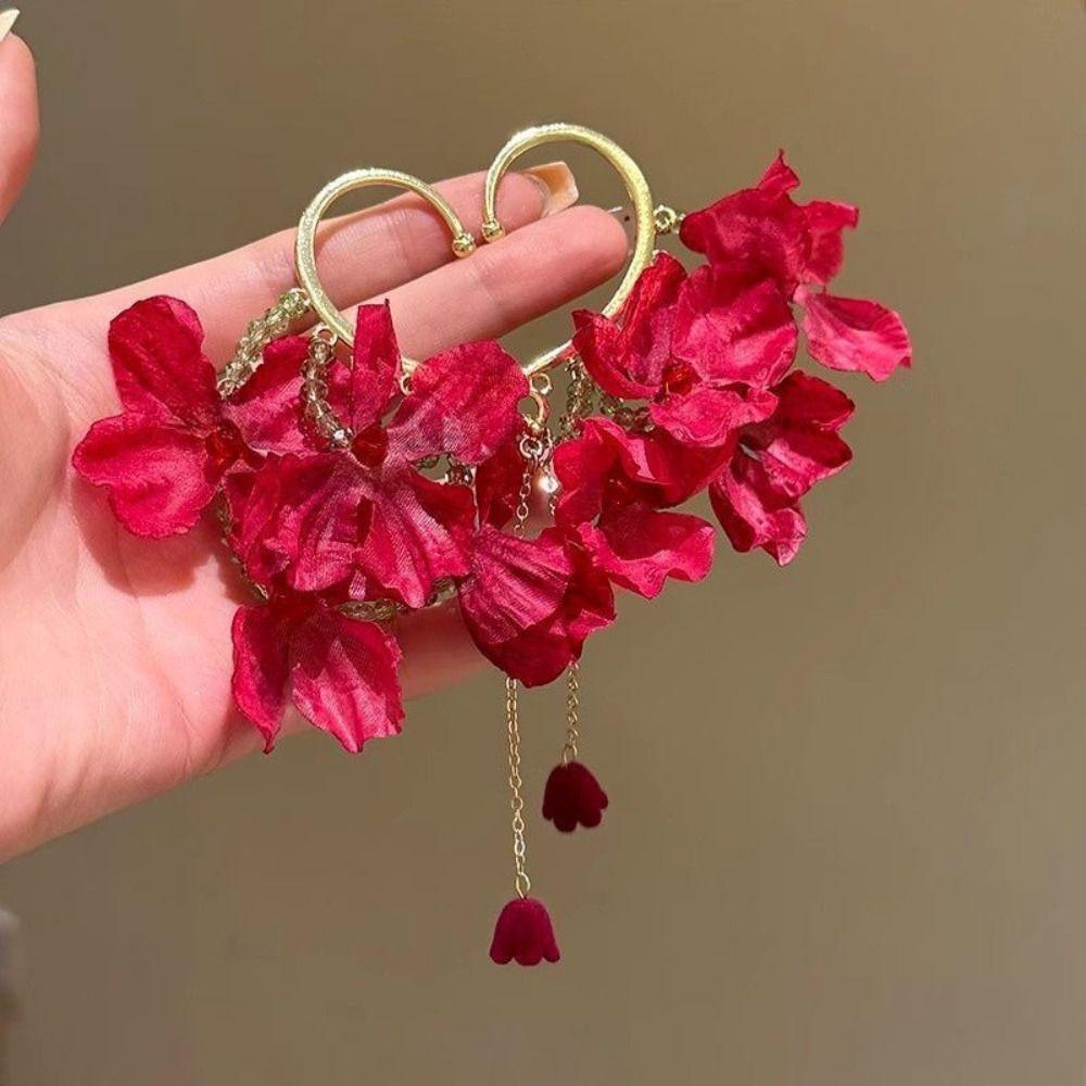 Sweet Gold Color Ear Hanging Red Flower Tassel Jewelry Accessories  for Women Girls