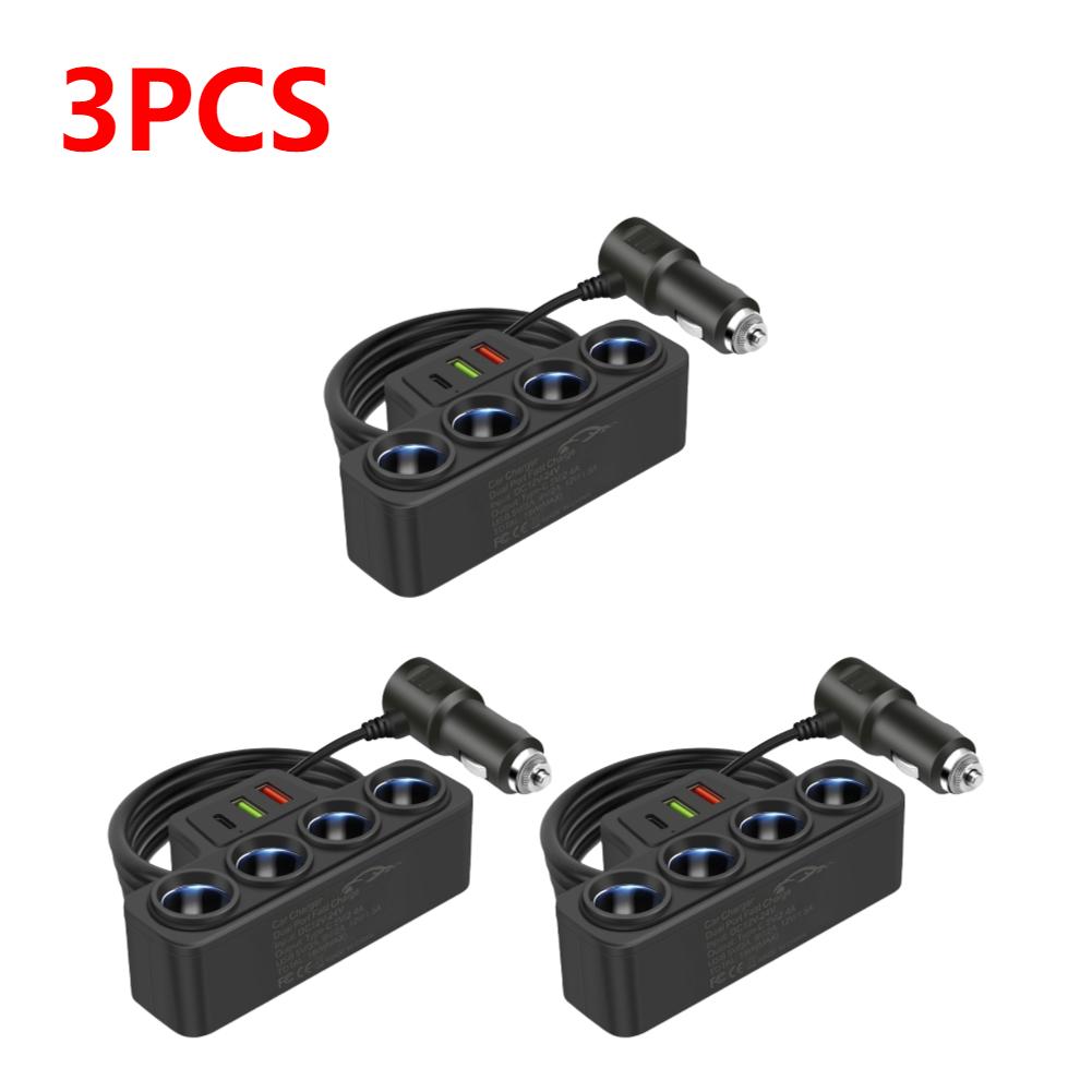 Car Cigarette Lighter Socket Splitter Plug 3 USB Socket QC3.0 PD 3.1A 12V-24V Fast Charger Plug 4-Socket 18W Phone Power Adapter