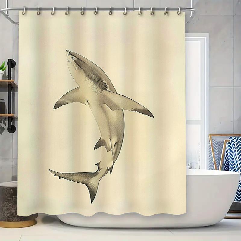 

Luxurious Bathroom Decorshark-Themed Shower Curtain Set With Metal Rods For Home Decoration Modern Waterfall Design In Beige Per W60H190(CM)-1 Pcs