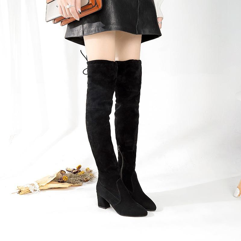 Neue Herbst- und Winter-Kniestiefel Damen-Langstiefel Kleine Langstiefel Dicker Absatz Hoher Absatz Spitz Wildleder Dünne Stiefel