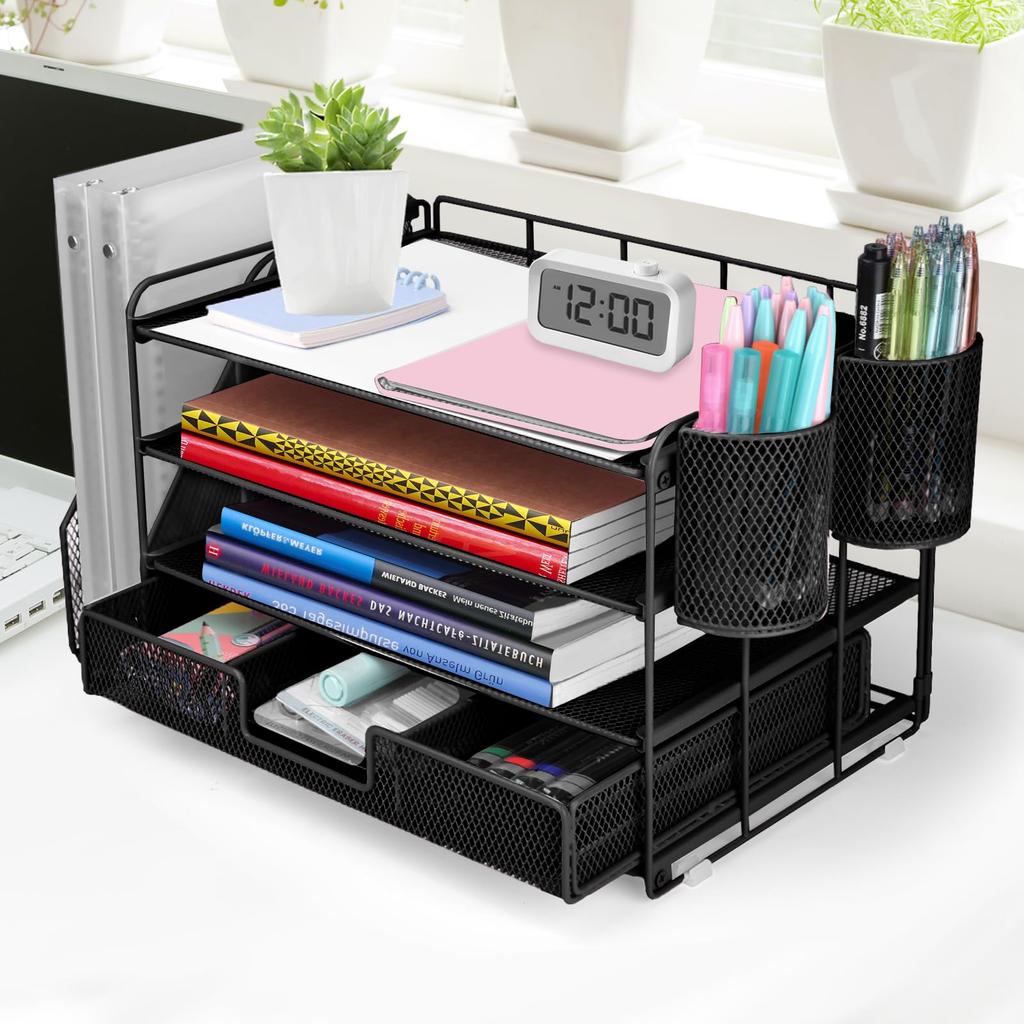 ATOMUS Desk File Organizer with 2 Pen Desk Accessories Workspace Drawer for Office Supplies 4-Tier Organizer, Holders, & Organizer, Design, (Black)