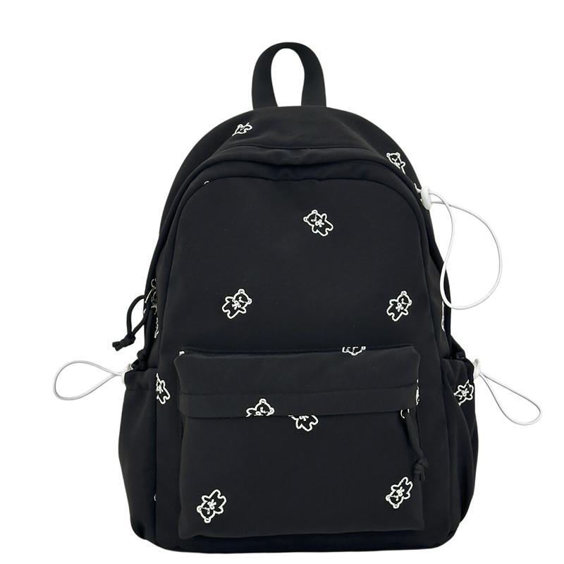 Cute Bear Print School Backpack with Front Pocket Side Drawstrings Casual Daypack for Daily Use
