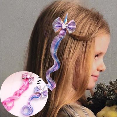 Unicorn Hairpins Kids Cute Bow Hairgrips Shining Colored Wig Hair Clip Girl Cartoon Barrette