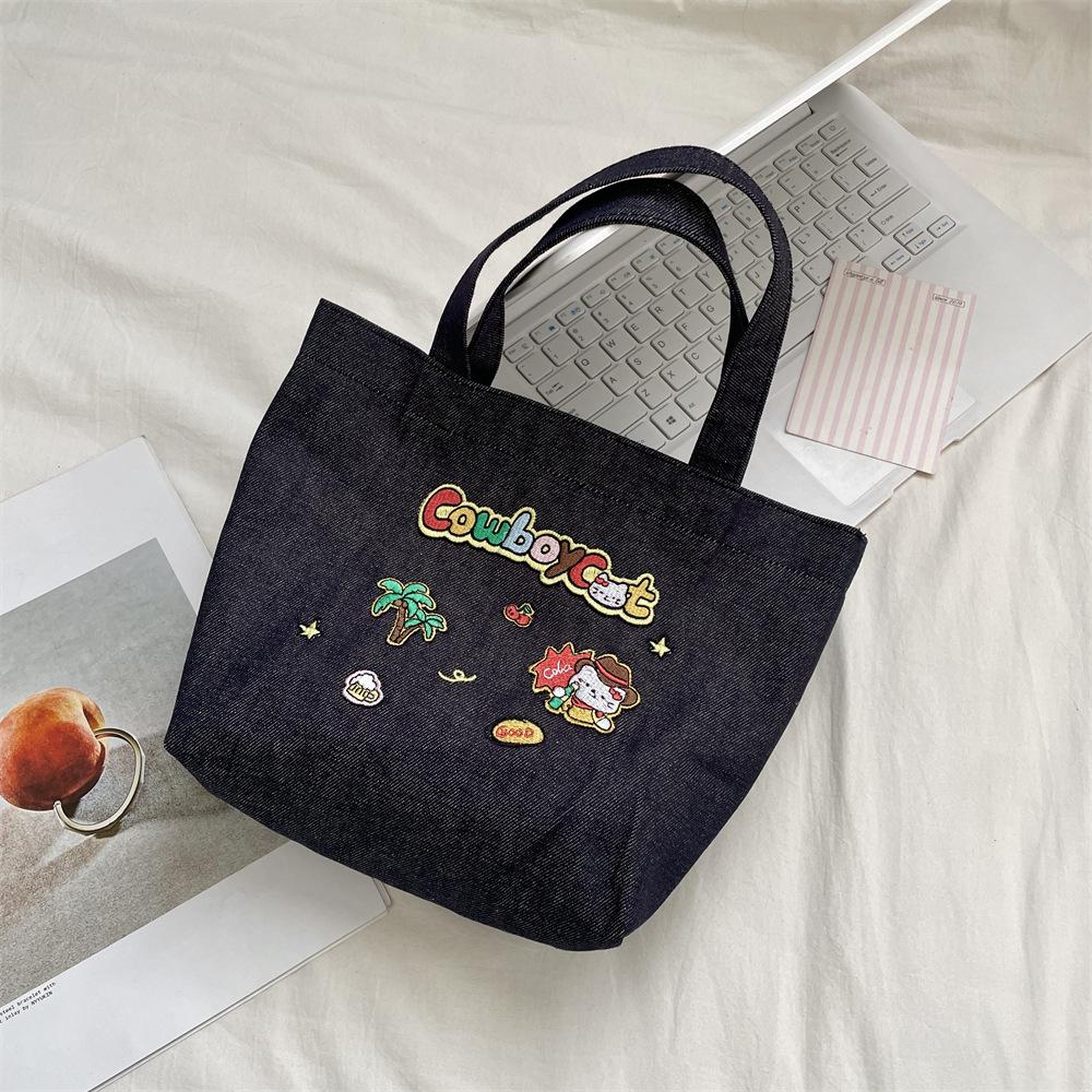 2 Cute Denim Embroidery Hand Bag Portable Storage Out Wrist Bag Large Capacity Portable Bento Bag