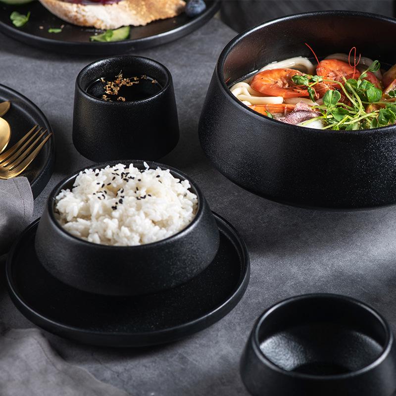 Meiguang Frosted Black Ceramic High-Footed Tableware Set: Rice, Soup & Noodle Bowls, Salad Bowls, Western Plates.