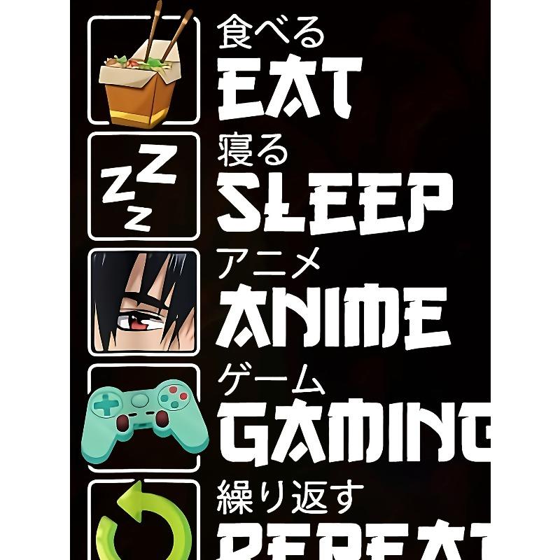 Europäische Größen Herren Sommer Freizeit T-Shirt, Einzigartiger Comic-Stil 3DS Numerischer Druck - „Essen, Schlafen, Anime, Gaming, Wiederholen“ Muster, Rundhals, Kurzarm,