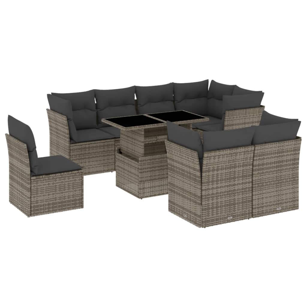 Vidaxl 9-Cz. Garden Furniture Set With Cushions, Grey, Poly Rattan