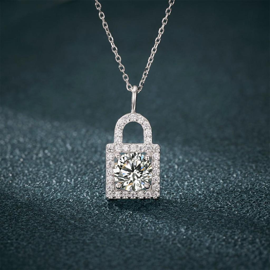 Elegant 1 Carat Moissanite Lock Pendant Necklace in S925 Sterling Silver for Women