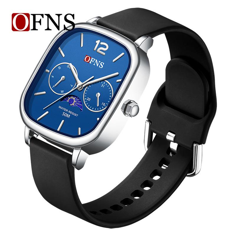 Fashion Ofns Square Quartz Watch For Men, Waterproof Casual Student Wristwatch With Date And Moon Phase, Fashion Male Clock