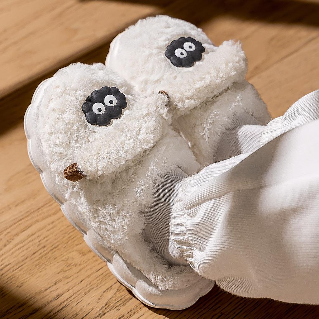 Cute Cotton Slippers Winter Indoor Home Thick Bottom Velvet Warm Couple Plush Cartoon Lamb Cotton Mop