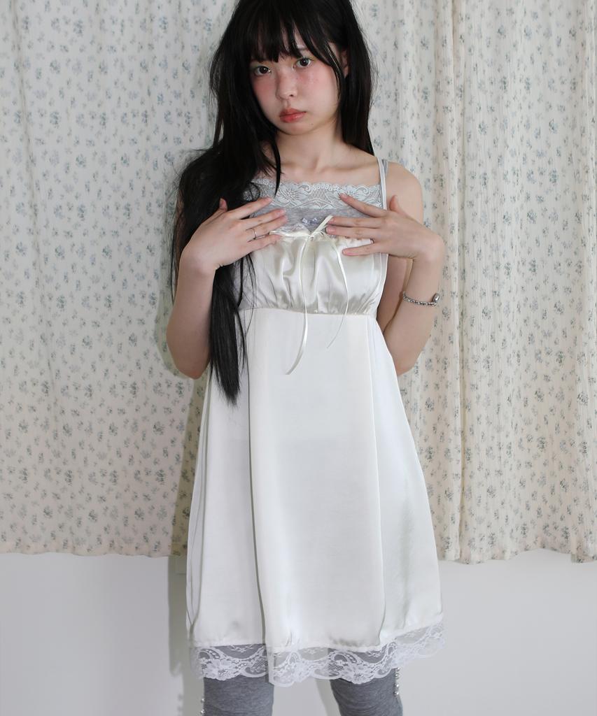 NOFFICIALNOFFICE Satin Ribbon Lace Slip Dress Vanilla