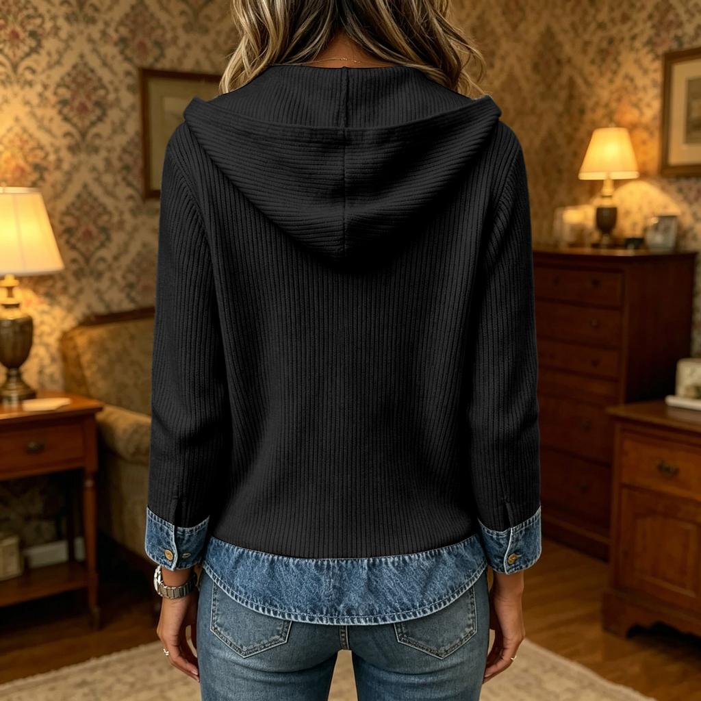 Women's Casual Denim Patchwork Hooded Knit Button Front Jacket