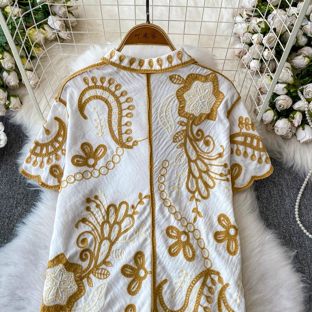 Estate Donna Manica Corta Colletto Reversibile Monopetto Ricamo Traforato Camicia Top