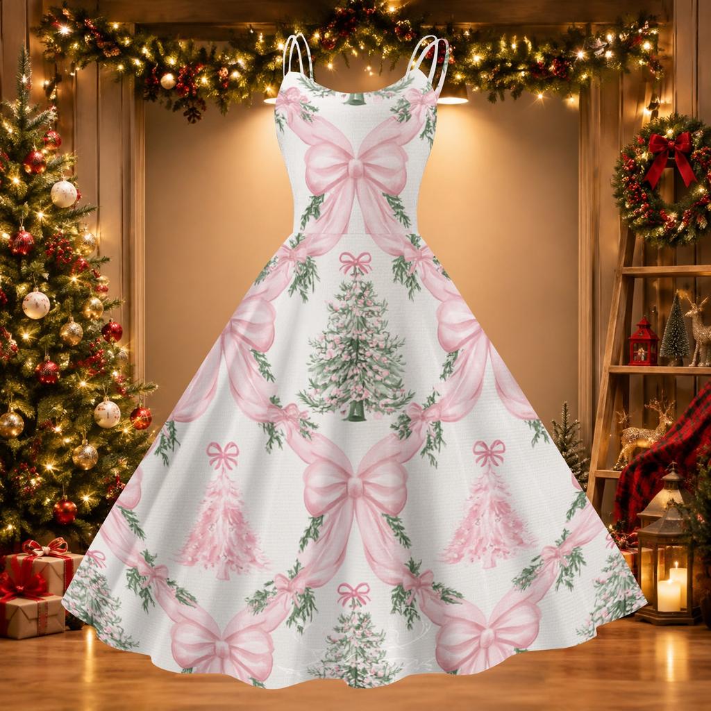 Damen Weihnachtsdruck Off-Shoulder Vintage Kleid