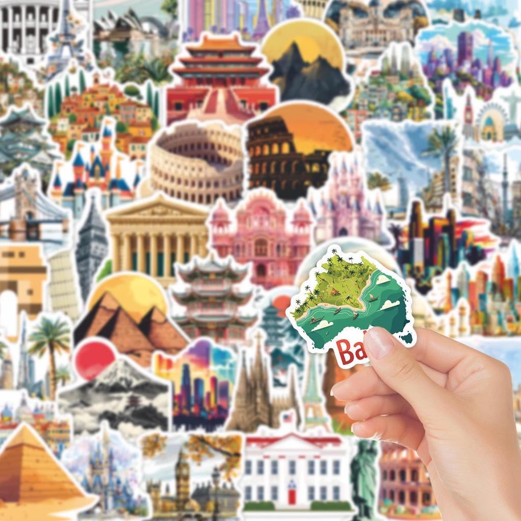50pcs World Landmark Retro Stickers for DIY Notebook & Luggage Decoration