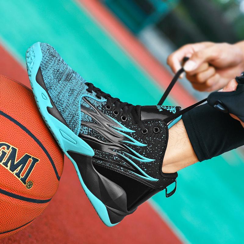 New Breathable Fly-woven Rubber Basketball Shoes, Casual High-top Teen Couple Non-slip Sneakers