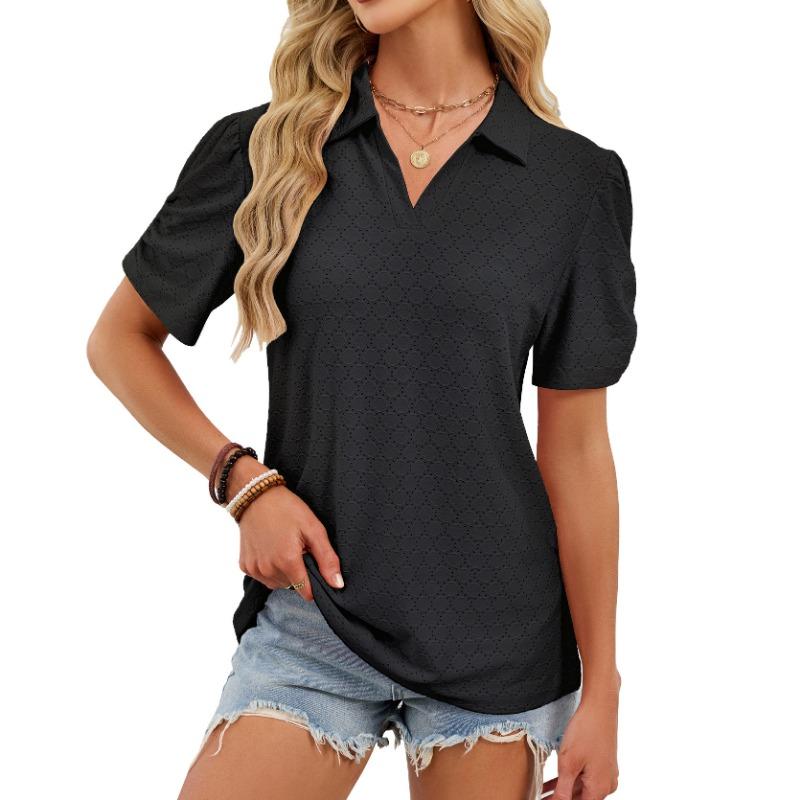 European and American cross-border foreign trade women's summer new V-neck T-shirt puff sleeve loose POLO shirt top