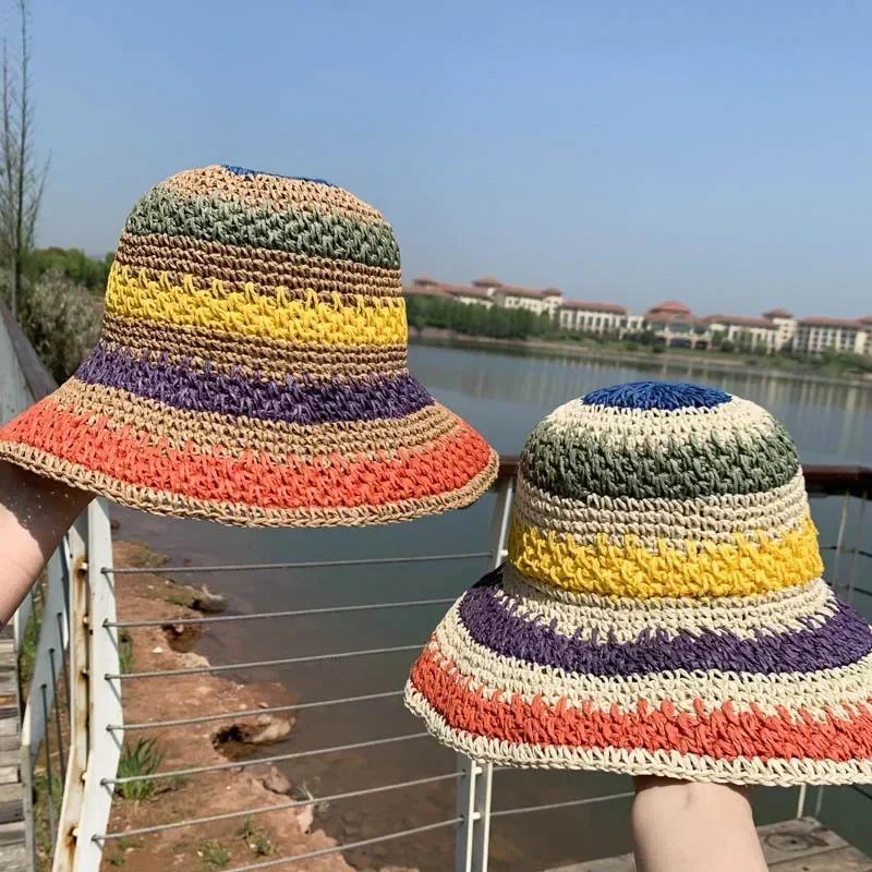 Women Summer Colorful Crochet Foldable Crochet Sun Shading Tourism Vacation Seaside Crochet Beach Sunshade Fisherman Hat