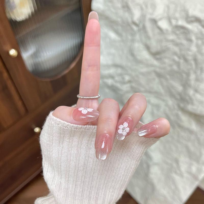 10Pcs Summer Cute Flower Cat Eye Nail Stickers Shiny Versatile Detachable Fake Nails