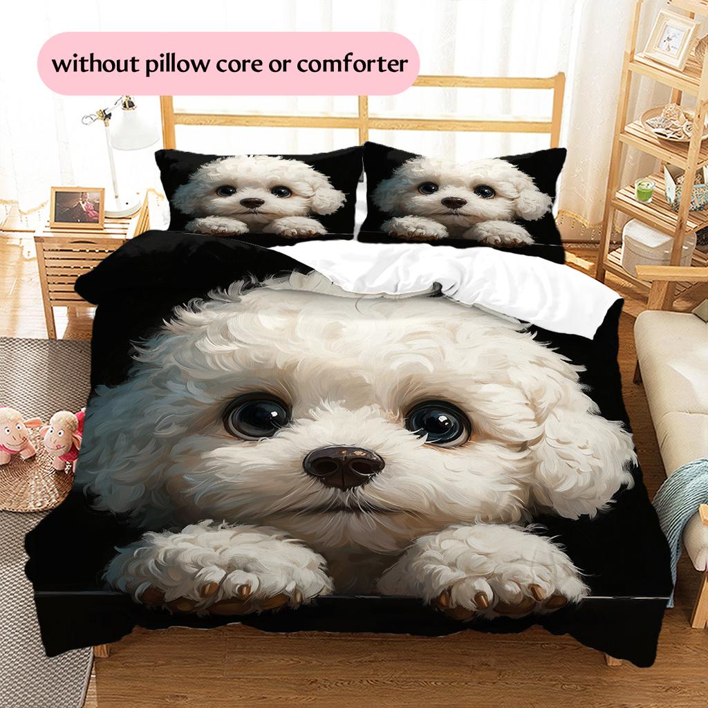 Schwarzes Bichon-Muster Bettwäsche Heimdekoration Geburtstagsgeschenk (1 Bettbezug + 2 Kissenbezüge, ohne Füllung)