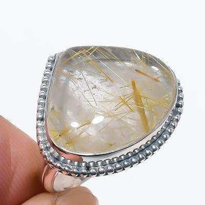 Természetes Arany Rutil Kő Kézzel Készített 925 Sterling Ezüst Ékszer Gyűrű M.6 r4F51