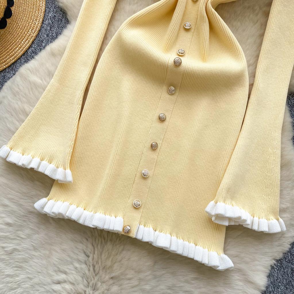 Elegant Knitted Dress for Women Autumn New Ruffle Edge V-neck Slim Long Sleeve Mid Length Ladies Evening Dresses Knitted Sweater