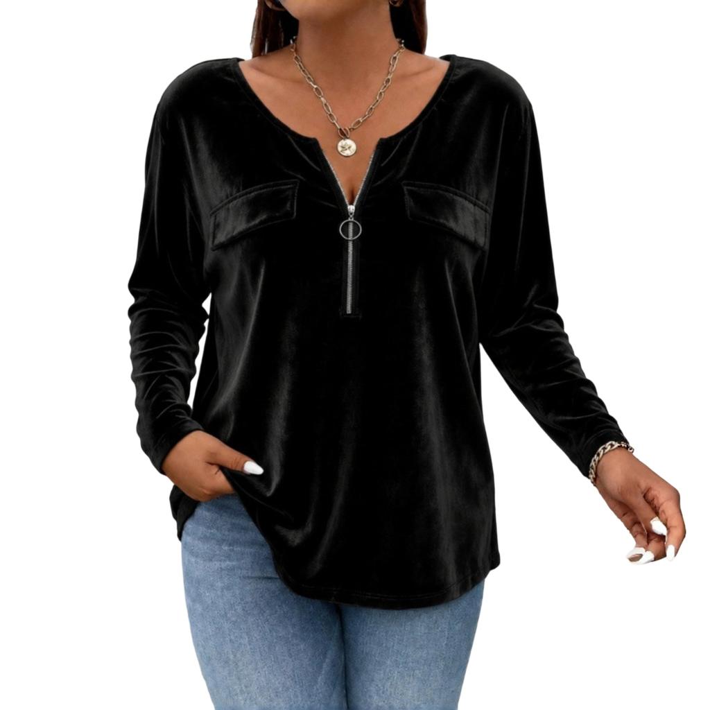 Women's Vintage V-Neck Zipper Front Long Sleeve Pullover Color