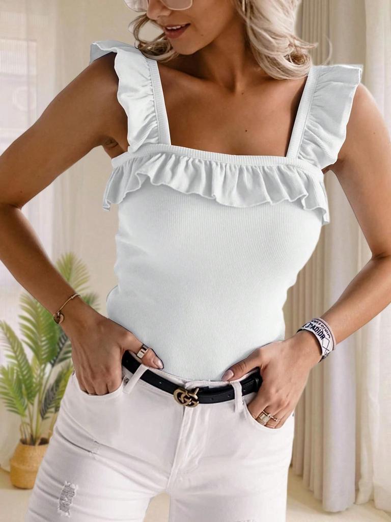 Women's Ruffle Strap Camisole Square Neck Sleeveless Knit Top Solid Summer Tank