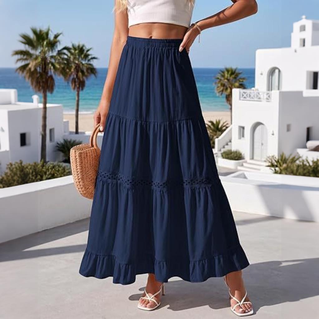 Women's Long Cotton Skirt Elastic Waist Lace Trim Tiered A-Line Maxi Skirt Lightweight Pleated Half Length Skirt Casual Summer Skirt
