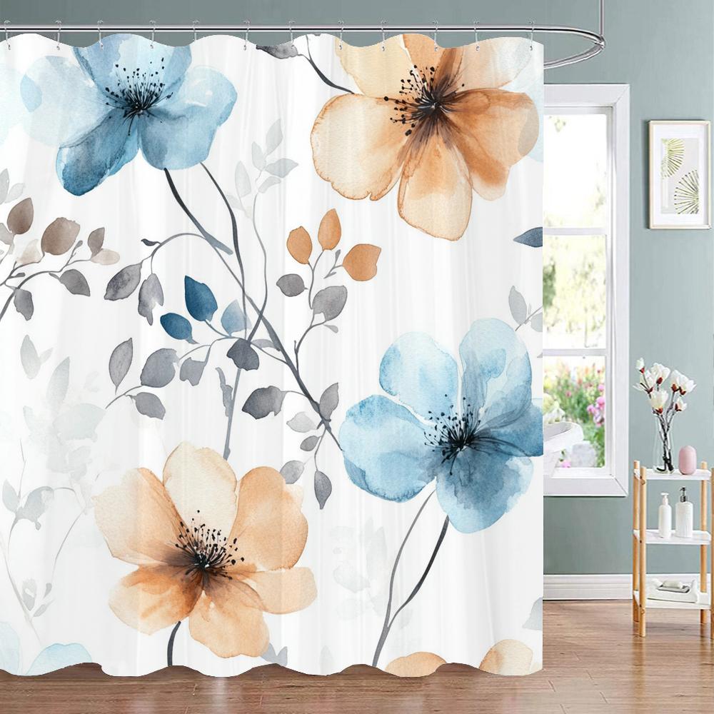 Modern Watercolor Blue Flowers Print Shower Curtain, Polyester Shower Curtain with Hooks for Bathroom Decorative Shower Curtain